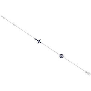 Sterling Silver CZ Blue Cross Evil Eye Bracelet